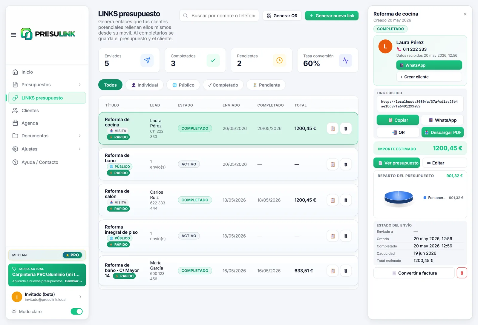 The lead with their quote arrives in the professional's dashboard