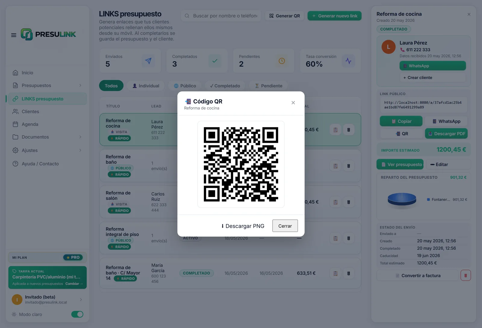 Generating the online quote link and QR code in PRESULINK