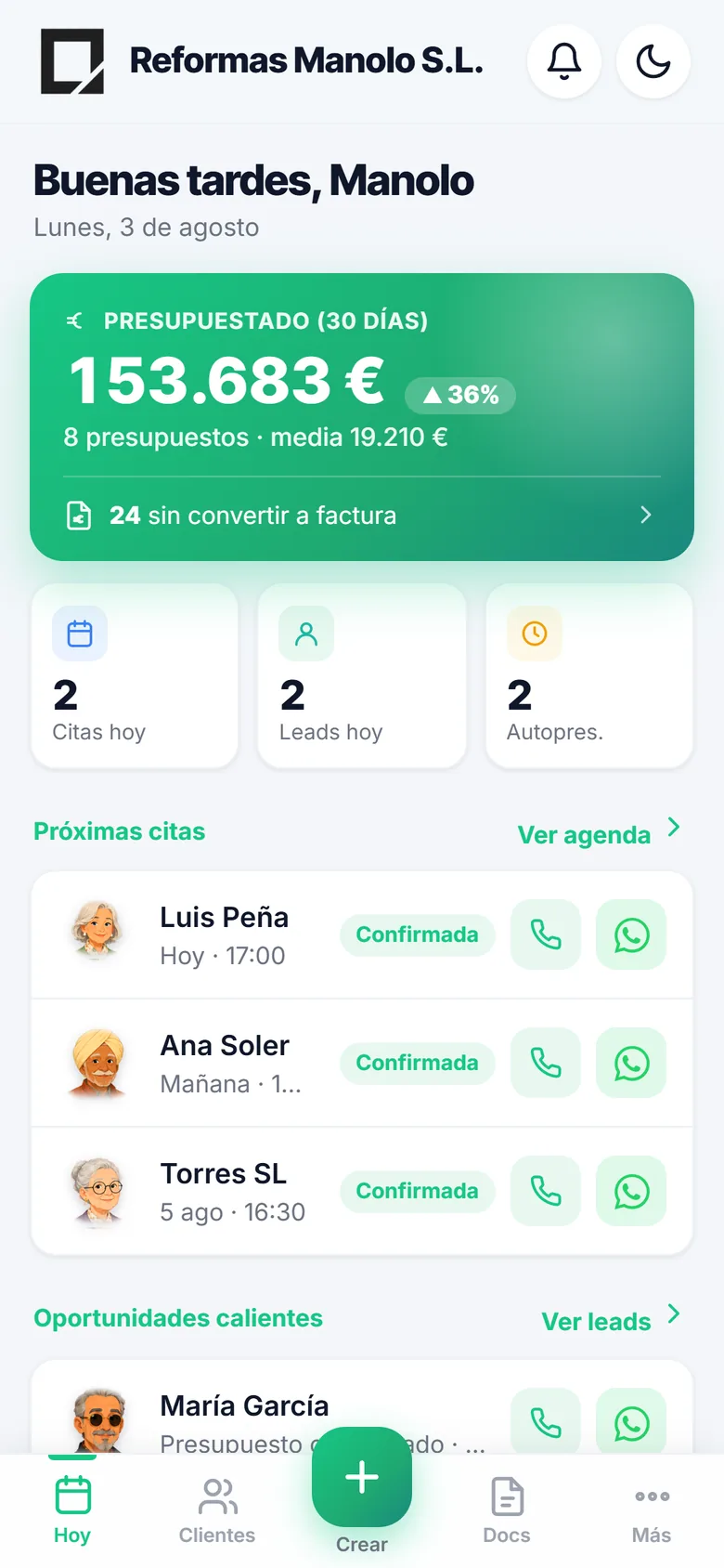 Panel de PRESULINK en el móvil