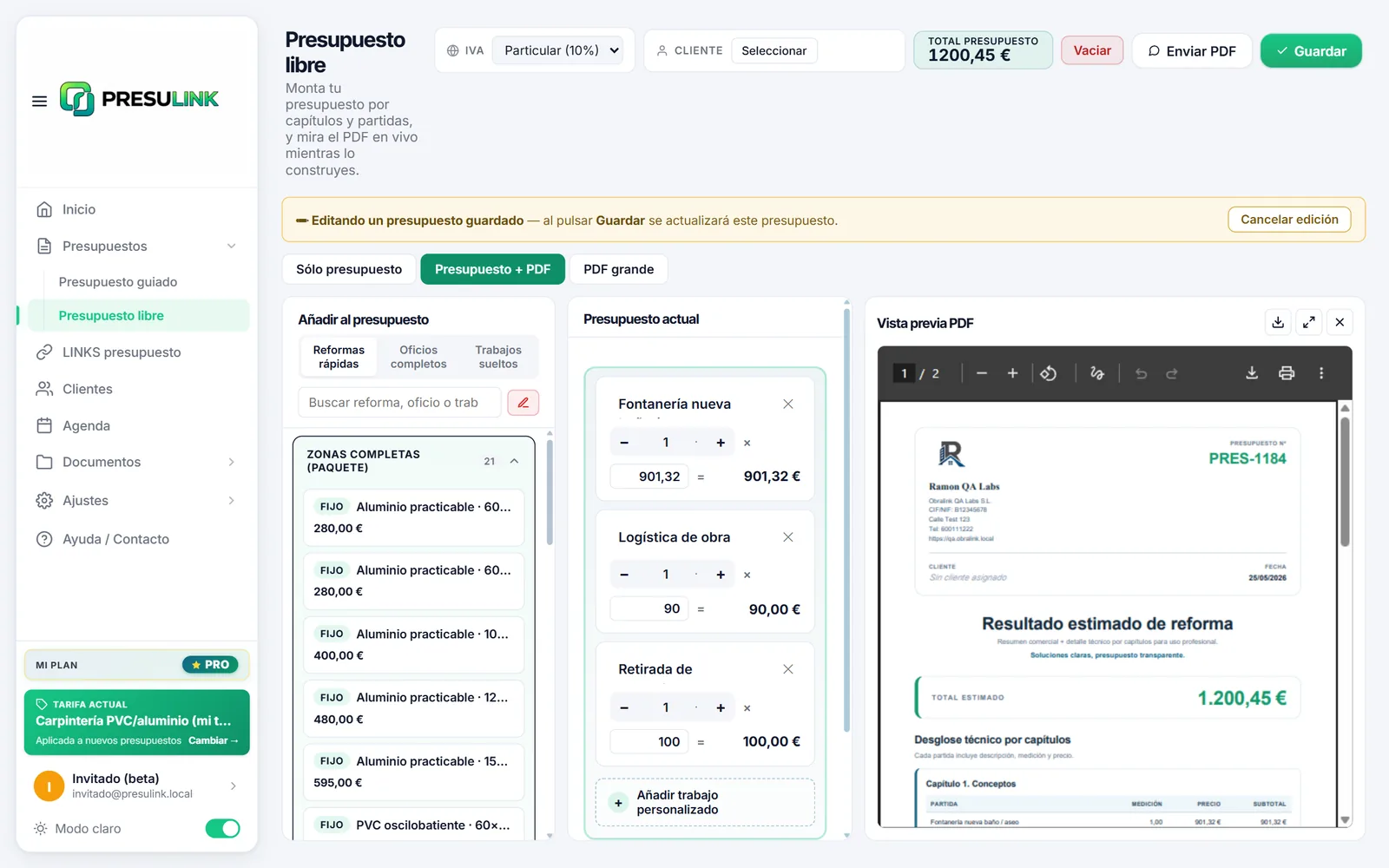 PRESULINK free-form quote builder